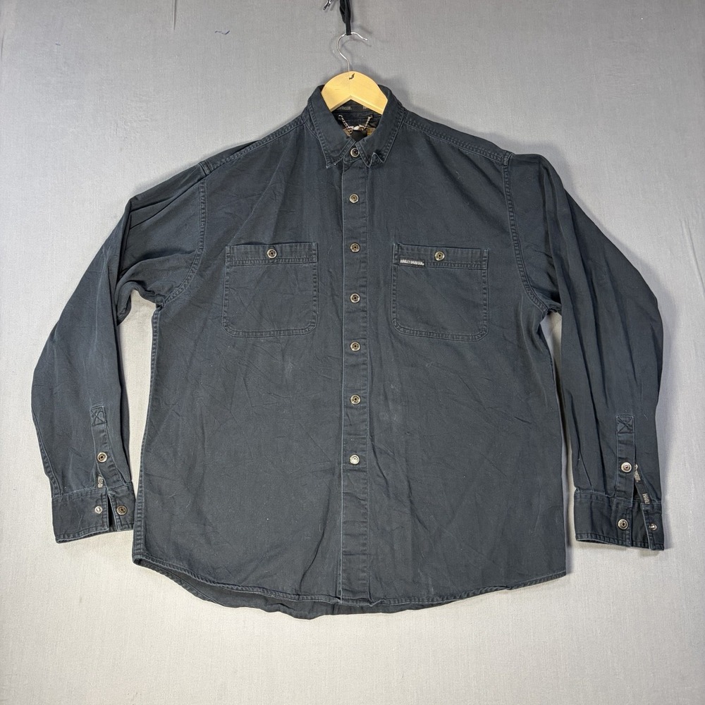 Vintage Harley-Davidson Shirt Mens L Black Denim Long Sleeve Button Front Biker